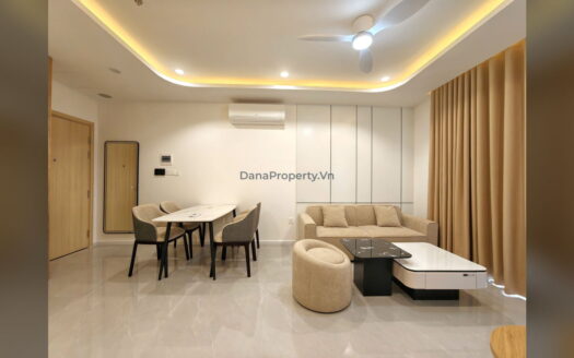 Panoma 2 Mid Floor 1Bed+ Warm Wood Interior | Sun Cosmo Da Nang 1 Panoma 2 Living Room Marble Table